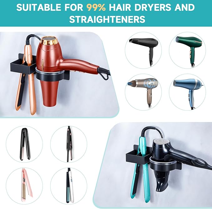 Blow Dryer Holder Wall Mounted, Hair Straightener Holder, Hair Dryer Holder Adhesive, Hair Tool Organizer for Flat Iron, Hairdryer, Curling Iron Holder for Bathroom Vanity Barber Shop (Black)