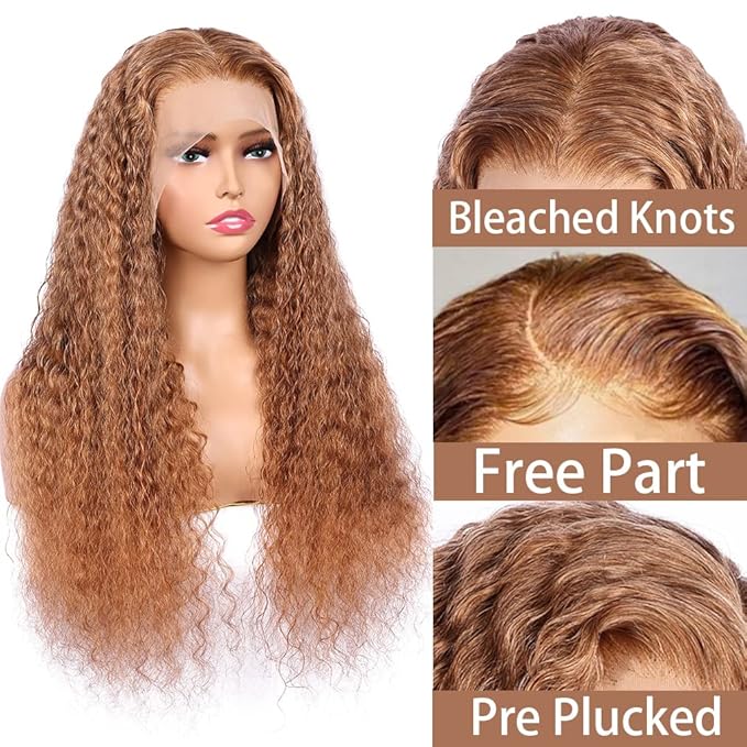 Brown Deep Curly Wave Human Hair Lace Front Wigs with Baby Hair for Black Women Pre Plucked 180% Density Brazilian Virgin Hair HD Transparent Lace Frontal Wig 14 Inch