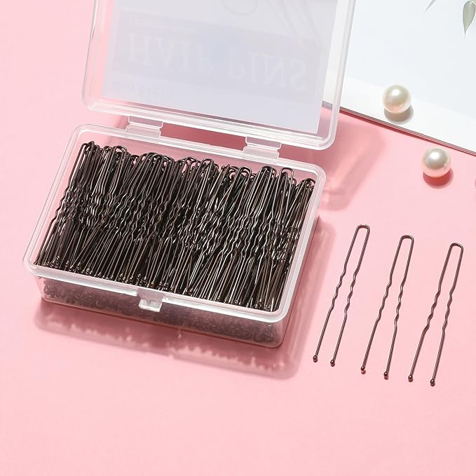 U Shaped Hair Pins -2.4 Inch 250 Count, Professional Hair Styling Pins for Women, Girls, and Hairdressing Salons - Includes Clear Storage Box for Updos and Bun Hair (Brown)
