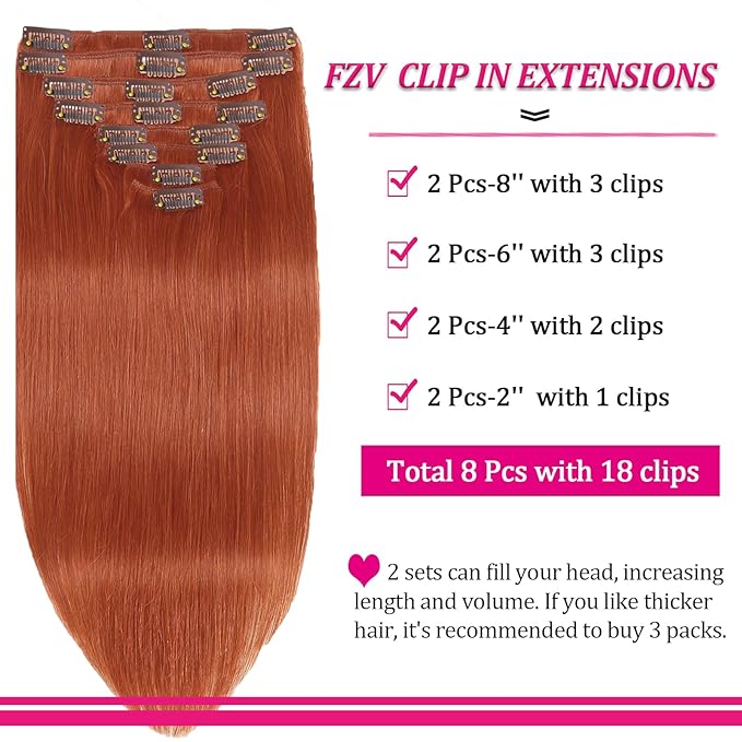 Hair Extensions Real Human Hair Copper Hair Extensions Clip Ins 110g 16inch 8pcs Colorful Soft Silky Clip in Extensions Natural & Soft Long Hair Clip Ins for Women, Can Be Styled Real Human Hair