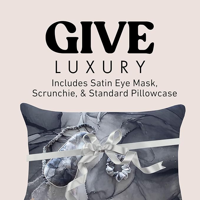 Satin Pillowcase Gift Set for Women – Marble Black, Silky Soft, Reduces Frizz | Includes Satin Eye Mask & Scrunchie | for Curly Hair, Sensitive Skin | Gift for Mom, Daughter, Girlfriend