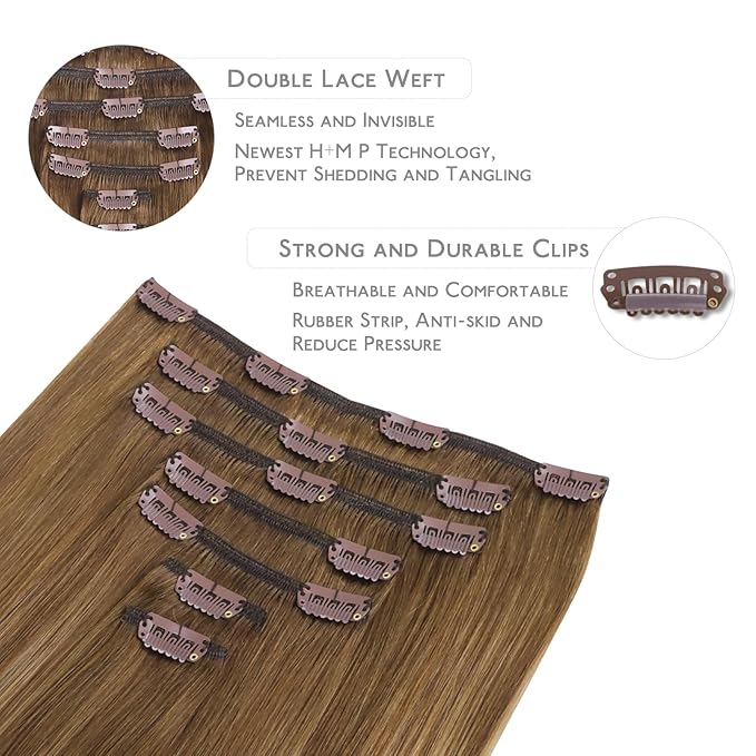 WENNALIFE Clip in Hair Extensions Real Human Hair, 16 Inch 120g 7pcs Human Hair Extensions Clip In Human Hair, Balayage Chestnut Brown Mixed Dirty Blonde Hair Extensions Clip In Real Hair Remy Human