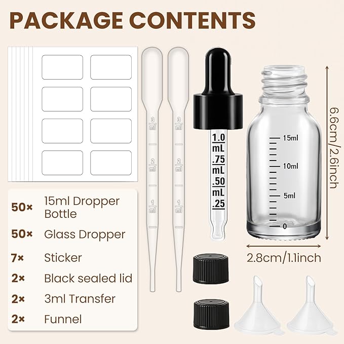50 Pcs 1/2oz Clear Glass Dropper Bottles with Measurement, 15ml Leakproof Tincture Bottles with Funnels, Eye Droppers, Extra Caps & Labels, Refillable Empty Bottle for Tinctures, Essential Oils