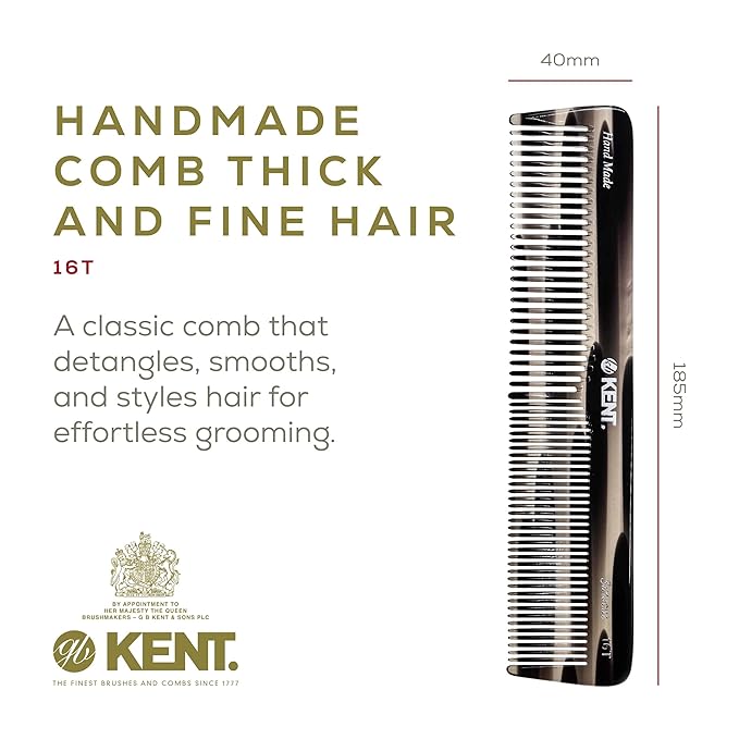 Kent 16T G Black Graphite Fine and Wide Tooth for Daily Grooming,Handmade Styling Comb for All Hair Types,Wet or Dry Hair Detangling Comb for Men and Women,Saw Cut Hand Polished,Made in England