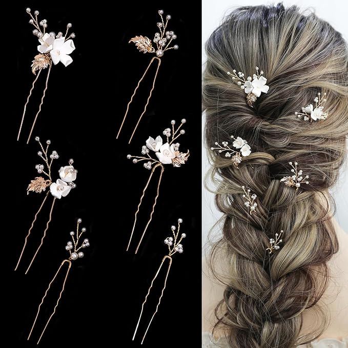 Handmade Pearl Bridal Wedding Hair Pins 6Pcs White Flower Gold Leaf Pearls Clips Bridal Hair Accessories for Women Brides Bridesmaid