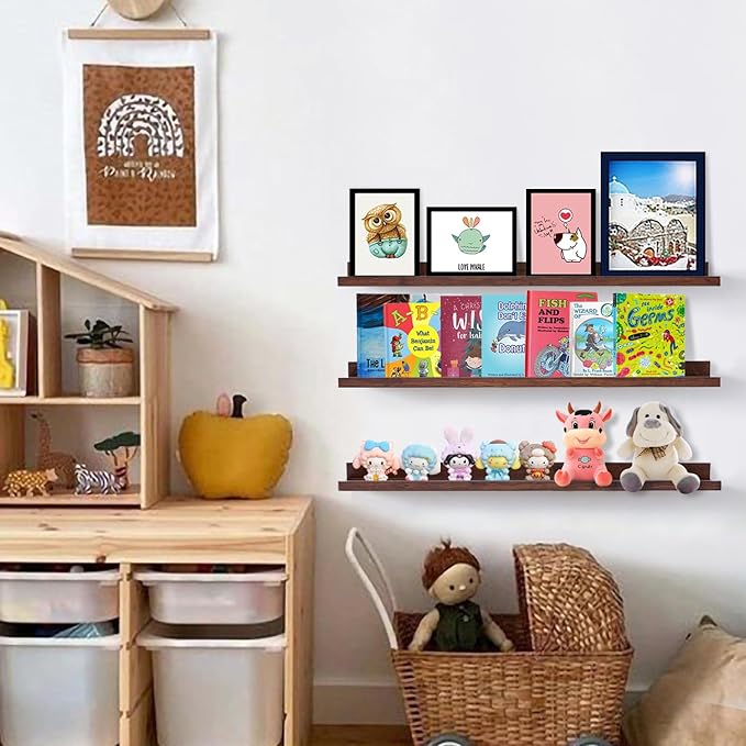 AZSKY Floating Shelves Wall Mount Deep Walnut for Wall Storage 36 Inch Rustic Picture Photo Ledge Shelf with Lip Nursery Book Shelves for Kids Room Bedroom Bathroom Living Room Kitchen Decor Set of 3