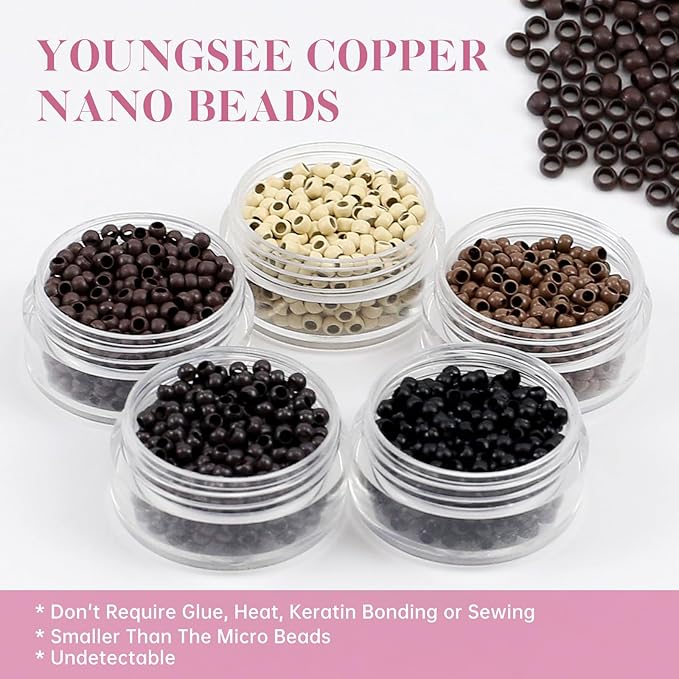 YoungSee Nano Ring Hair Extensions Human Hair Brown Nano Ring Hair Extension Balayage Dark Brown with Blonde Nano-Beads Hair Extension Brown Nano-Tips Remy Hair for Wedding 16inch 1g/s 50g