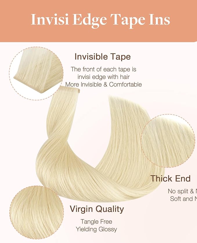 GOO GOO Invisi Edge Tape in Hair Extensions Human Hair, 613R Bleach Blonde 10pcs injected with 10pcs classical tape ins, 22inch 50g, Virgin Remy Hair, Natural Look