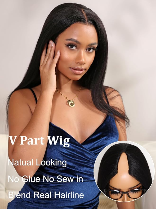 YIROO V Part Wig Yaki Straight Human Hair Wigs for Black Women Upgrade Upart Wig No Leave Out 12A Glueless Kinky Straight V Shape Clip in Half Wig No Glue No Sew Beginner Friendly 180% Density 26 Inch