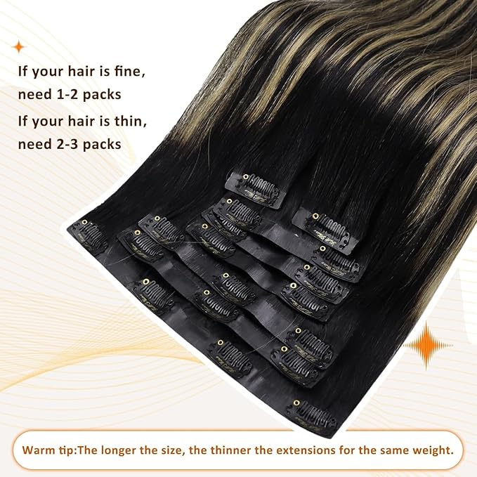 Full Shine Seamless Clip in Hair Extensions Human Hair Ombre Natural Black Mixed Caramel Blonde Invisible Clip in Hair Extensions Human Hair with PU Weft 16 Inch 120 Grams 8pcs