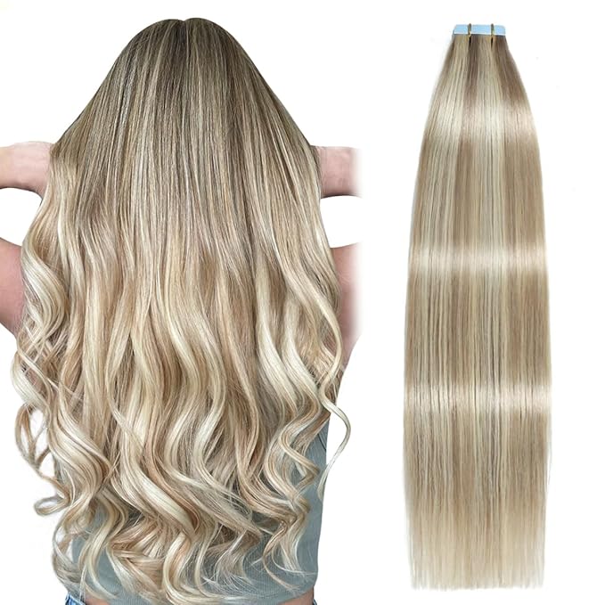 SUYYA Tape in Hair Extensions Human Hair Ash Blonde Highlighted Bleach Blonde 14 Inch 40g/pack 20pcs Straight Seamless Skin Weft Tape in Real Human Hair Extensions(14inch #P18/613)