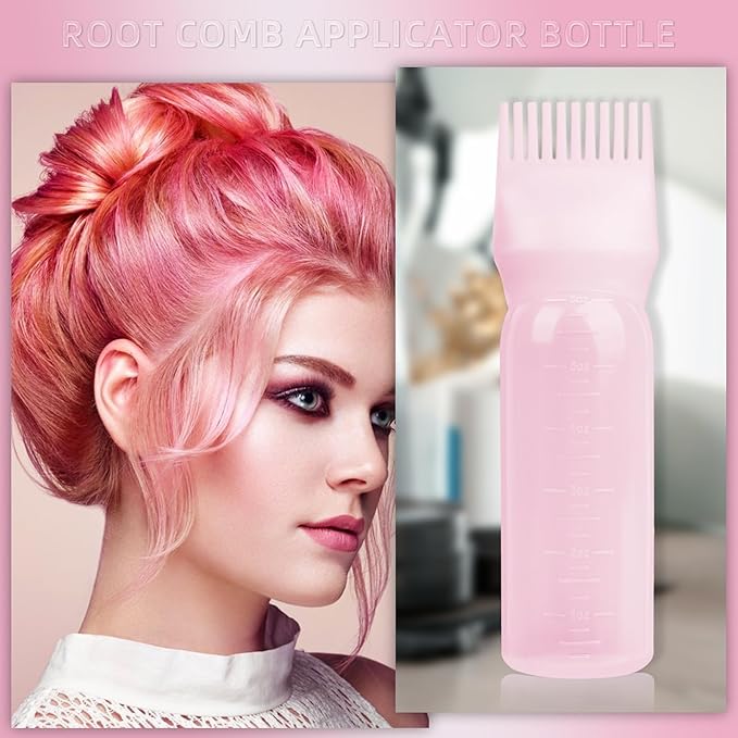 BLAAROOM Root Comb Applicator Bottle 6 Ounce, 4 Pack Hair Oil Applicator with Root Comb Brush for Scalp Hair Oiling - Pink