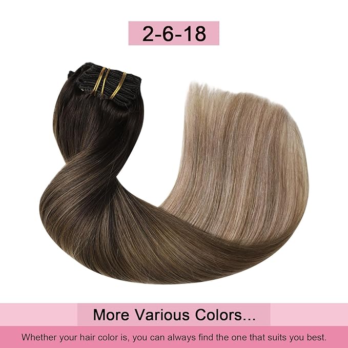 Pro2.0 Clip in Hair Extensions Real Human Hair 22inch 7pcs #2/6/18 Dark Brown to Dirty Blonde Remy Real Hair Extensions Clip in Human Hair 120g Double Weft（#2/6/18-22inch）
