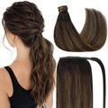 Ve Sunny Hair Extensions Ponytail Real Human Hair Wrap Around Clip in Ponytail Hair Extensions Straight Extensions Human Hair for Women Dark Brown Balayage Chestnut Brown 16inch 80G