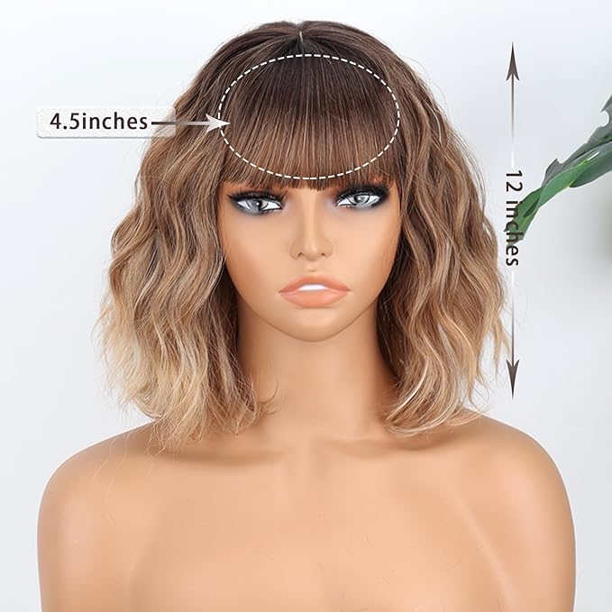 MISSQUEEN Brown Mixed Blonde Wavy Wig 12inch Bob Brown Blonde Wavy Wig with Bangs Natural Synthetic Wavy Curly Highlight Blond Wigs for Halloween Daily Party Festival Used