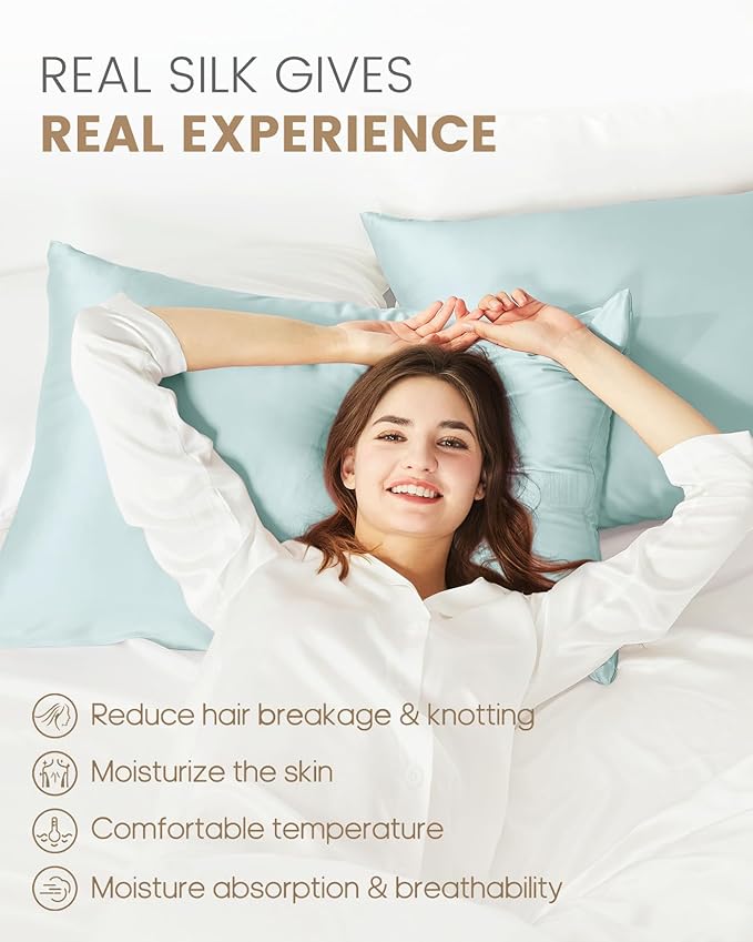 THXSILK 100% Mulberry Silk Pillowcase for Hair and Skin, Grade 6A+ Mulberry Silk Pillow Case Soft and Breathable, Hypoallergenic Pillow Case Cover with Zipper, 1pc (Queen 20"x30", Light Blue)