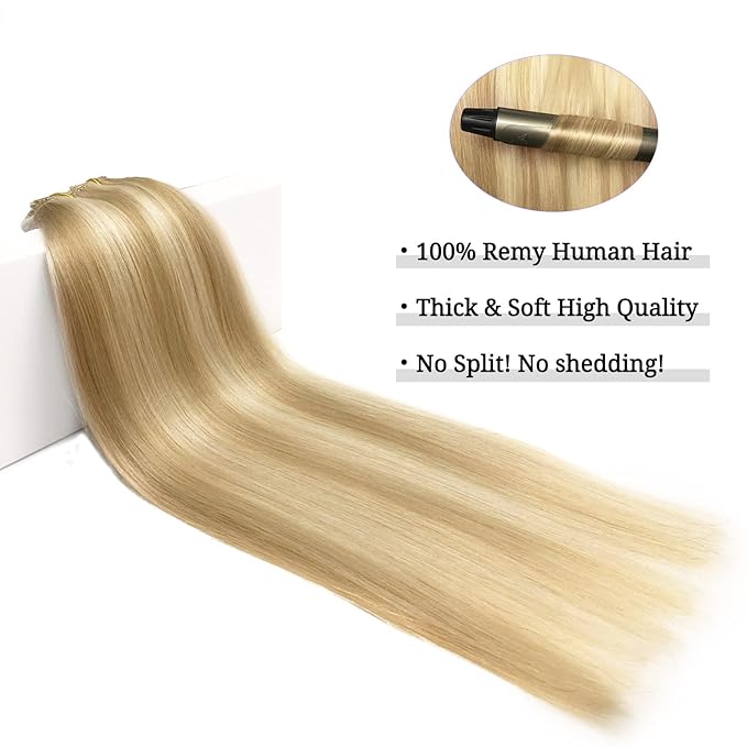 DOORES Human Hair Extensions Clip in Dark Blonde Highlighted Bleach Blonde - 150g 9pcs 16 Inch Remy Straight Natural Hair Extensions