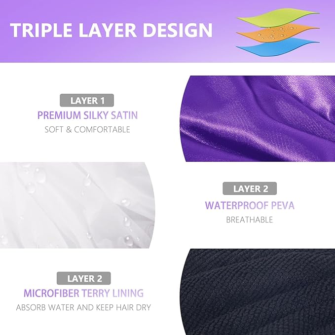 Aquior Shower Cap,Extra Large Triple Layer Bathing Cap with Dry Hair Function for Women Microfiber Terry Cloth Silky Satin 100% Waterproof Reusable Long Hair Bath Caps (Purple)