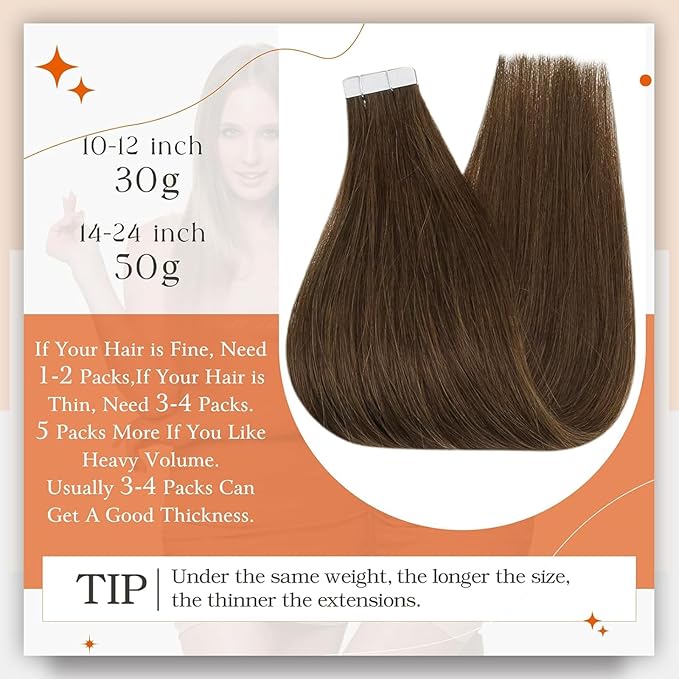 Full Shine Brown Tape in Extensions Color 4 Medium Brown Remy Tape ins Human Hair Extensions 20Inch Double Sided Adhesive Extension 100G 40Pcs Long Straight for Natural Look