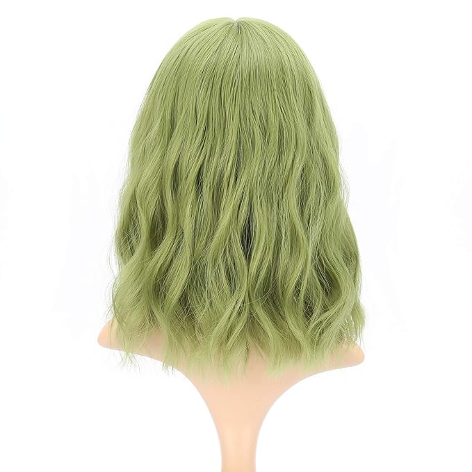 FAELBATY Green Wave Bob Wigs With Bangs Synthetic Cosplay Wig for Girl Shoulder Length Wig for women Costume Wigs(12" Light Jade Green)