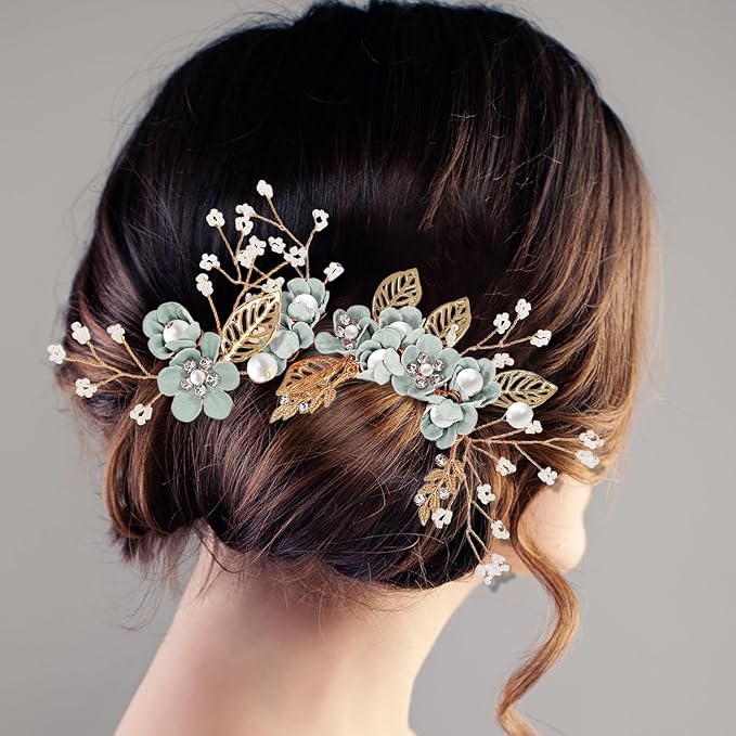 Wedding Flower Hair Accessories for Women: 4pcs Leaf and Flower Hair Combs for Women Accessories - Crystal Pearl Wedding Flower Clips Headpiece for Brides Bridesmaids Girls Updo (Green)