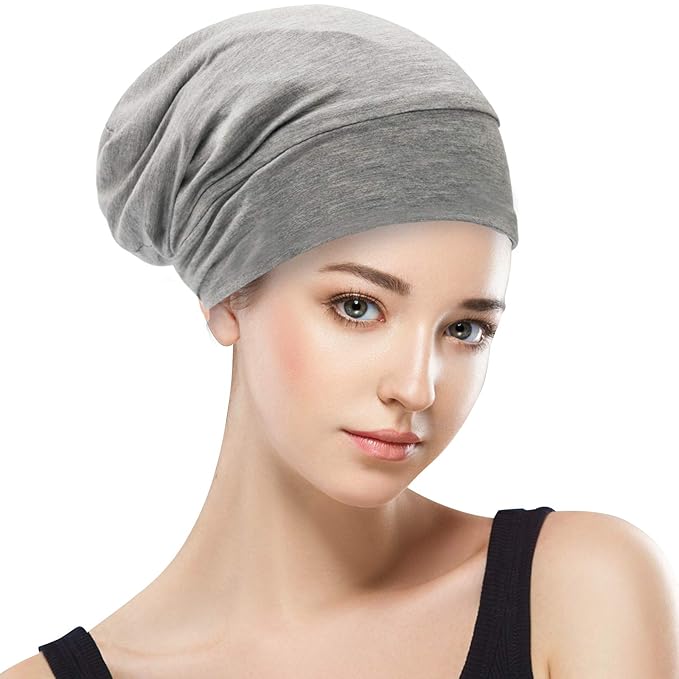 Silk Satin Lined Bonnet Sleep Cap - Adjustable Stay on All Night Hair Wrap Cover Slouchy Beanie for Curly Hair Protection for Women and Men - Solid Light Grey