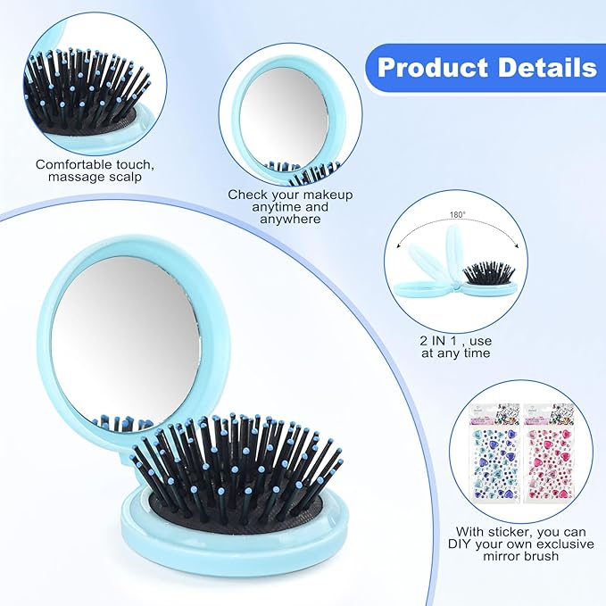 4 Colors Folding Mirror Hairbrush, 2 in 1 Compact Pocket Mirror Comb with DIY Stickers, Round Mini Pocket Makeup Mirror for Travel Women Girls (48 Pcs)