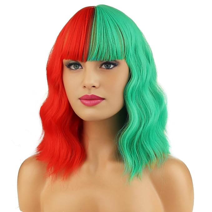 BERON 14 Inches Half Red Half Green Wig with Bangs Short Wavy Wig Green Red Wigs for Christmas Party