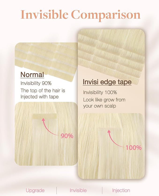 GOO GOO Invisi Edge Tape in Hair Extensions Human Hair, 60A Platinum Blonde 20pcs 14inch 50g, Virgin Remy Hair, Seamless Injected Tape, Natural Look