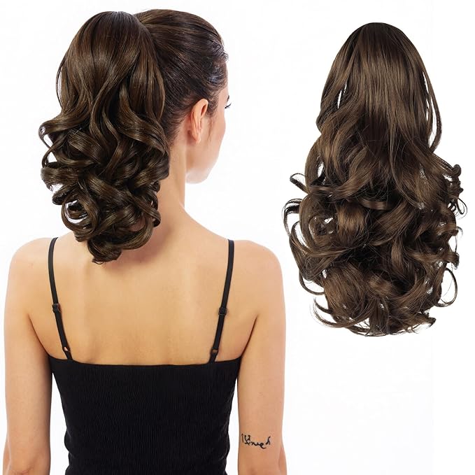 Ponytail Extension, Clip on Ponytails for Women, 12" Claw Clip in Short Curly Wavy Pony Hair Extension for Women - Brown