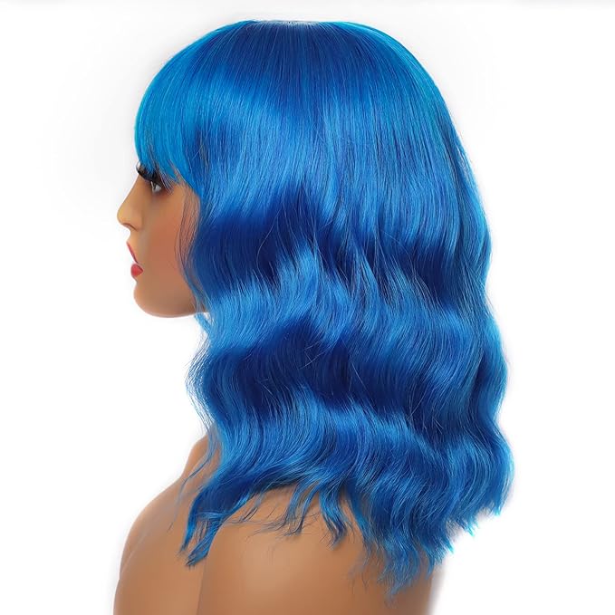 LANICE Blue Wig Short Bob Wigs with Bangs for Women Loose Wavy Hair Shoulder Length Blue Wig Synthetic Colorful Wigs for Cosplay Daily PartyUse(Blue,12inch)