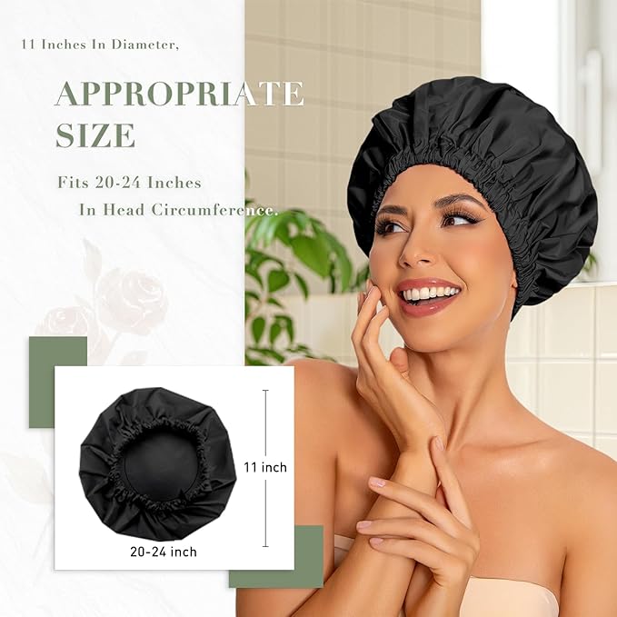 Reusable Shower Cap for Women, Large Waterproof Shower Essentials Bonnet Washable Elastic Band Bath Hair Wrap Hat for Long Hair, Braids(Pink&Black)