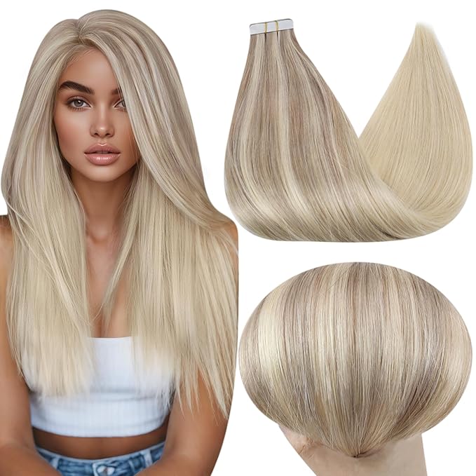 Full Shine Tape in Hair Extensions Human Hair 18 Inch Color 18 Fading to 22 and 60 Platinum Blonde Remy Human Hair Extensions Tape in 20 Pieces 50 Grams Adhesive Tape Extensions