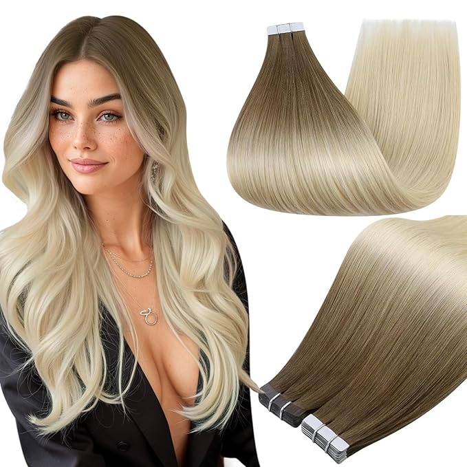 Full Shine Balayage Tape in Hair Extensions Human Hair Color 3 Darker Brown Ombre 8 Ash Brown And 613 Blonde 12Inch Seamless Invisible Tape in Extensions Remy Straight for Women 20Pcs 30G