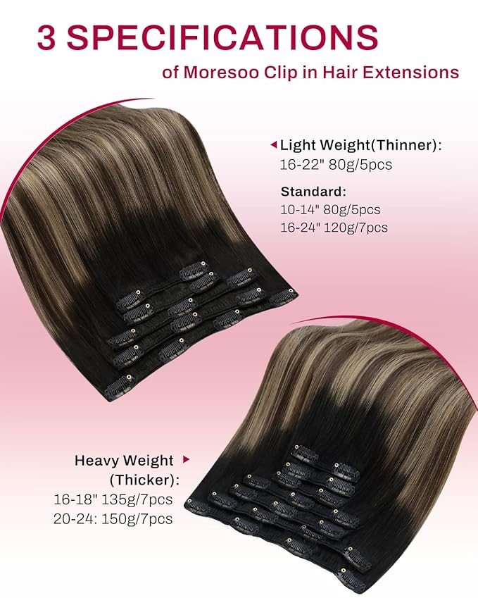 Moresoo Clip in Hair Extensions Real Human Hair Balayage Black to Brown with Dark Blonde Remy Straight Invisible Double Weft Ombre Human Hair Clip in Extensions 5pcs 80g 18inch