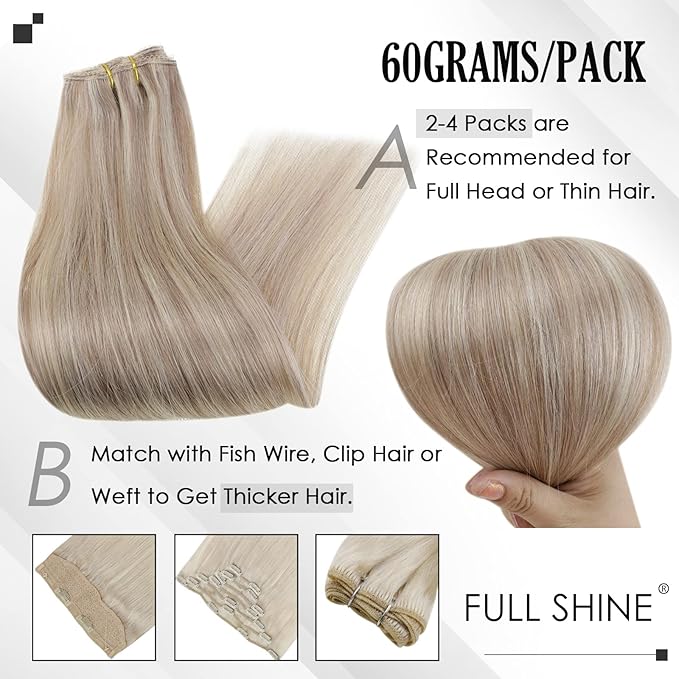 Full Shine Clip in Hair Extensions 3 Pcs 60 G Ash Blonde Highlights Bleach Blonde Human Hair Extension Clip ins Invisible Hair Extensions for Thin Hair 20 Inch