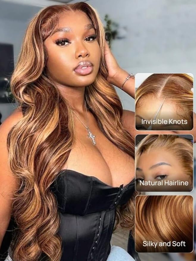 KLAIYI Bye Bye Knots Glueless Wig Highlight Blonde Body Wave Pre Cut 7x5 HD Lace Front Wigs Human Hair Pre Plucked Pre Bleached Pre Everything Wear and Go Wig 12A Ombre Brown 30S Ready To Wear 16Inch