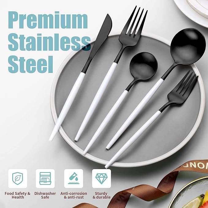 Matte Black White Silverware Set for 6,Modern Stainless Steel Brushed Cutlery Set,30-Pieces Heavy Duty Flatware Set,Knives Spoons and Forks Set Utensils Set, Satin Finish, Dishwasher Safe