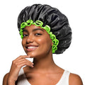 mikimini Black Shower Cap for Women, Men & Girls, 2 Packs Reusable Double Layers Waterproof Bathing Shower Hat with Soft Comfortable PEVA Lining, non-fading, Stretchy Shower Cap