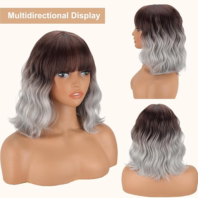 MISSQUEEN Short Ombre Silver Wigs for Women Grey Wavy Bob Wig with Bangs Medium Length Synthetic Hair Water Wave Dark Roots Wig Gray Colorful Wigs
