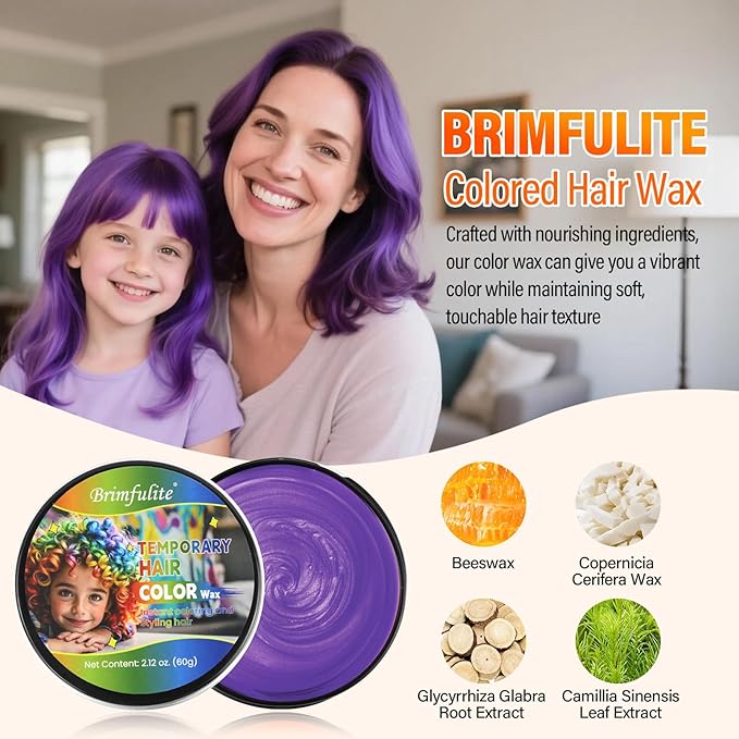 Purple Hair Wax, Temporary Hair Color Wax for kids, Washable & Nourishing Purple Hair Gel 2.12 Oz. (Purple)