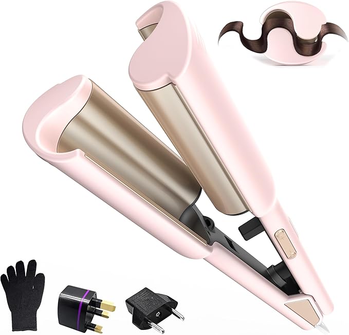 MINI Curling Iron Hair Crimper Waver, Beach Waves Curling Wand, Waver Hair Tool, Double Voltage Included UK/EU Plug, Easy to Use, Pink, 1.25 Inch