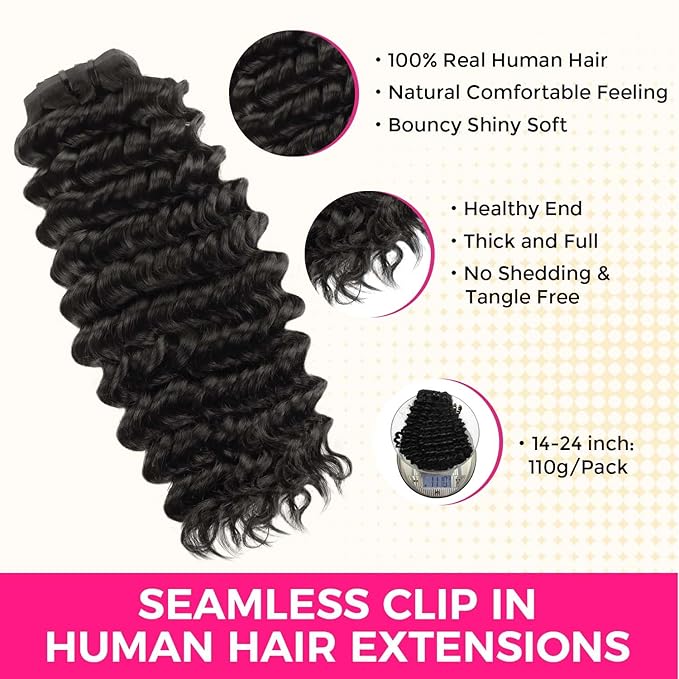 Lashey Clip in Hair Extensions 110g 7pcs Deep Wave Seamless Clip in Hair Extensions Human Hair 16 Inch Natual Black Thick Human Hair Extensions for Women