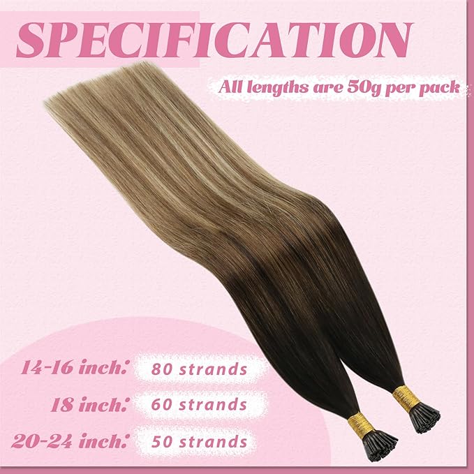 YoungSee I Tip Extensions Brown Balayage 22In Human Hair I Tip Extensions Ombre Dark Brown to Blonde with Brown I Tip Hair Extension Human Hair For Women 50s 50g Cold Fusion Hair Extension