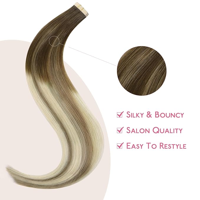 WENNALIFE Tape in Hair Extensions Human Hair Ombre Walnut Brown to Ash Brown and Bleach Blonde Tape in Extensions, 10pcs 30g 24 inch Remy Hair Invisible