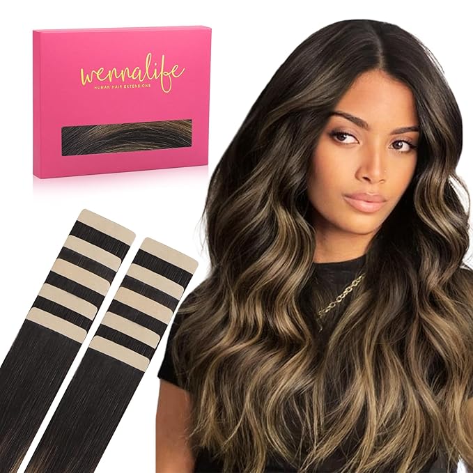WENNALIFE Tape in Hair Extensions Human Hair Balayage Dark Brown Mixed Chestnut Brown Tape in Extensions, 10pcs 30g 20 inch Remy Invisible Tape Ins Straight Soft Real Human Hair Tape in Extensions