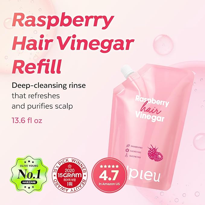A’PIEU Raspberry Hair Vinegar [Refill] - Deep Scalp Clean & Detox for Oily Scalp, Buildup & Dandruff Scalp Treatment, pH-Balancing Rinse for Fresh, Shiny Hair, Korean Hair Care, 6.76 fl oz