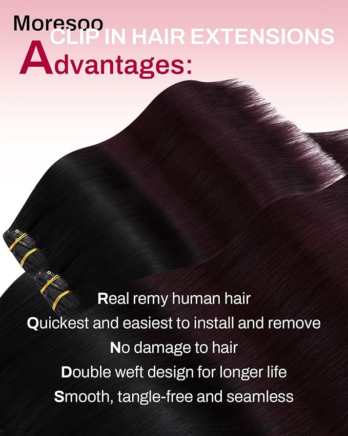 Moresoo Clip in Hair Extensions Ombre Black to Wine Red Double Weft Real Hair Clip in Extensions Balayage Black to Burgundy 7Pcs/120G 22inch