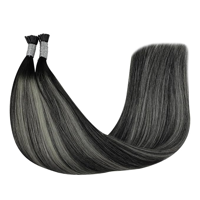 YoungSee I Tips Hair Extensions Ombre I Tip Hair Extensions Balayage Black with Silver Human Hair Extensions I Tip Balayage 20 Inch Itips Hair Extension Human Hair Silky Straight 50s 50g