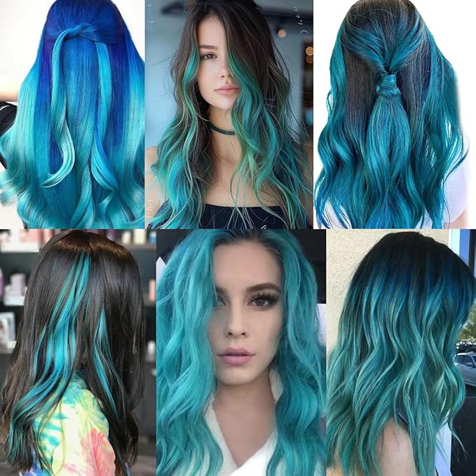 Colored Hair Extensions Clip In for Kids Girls Women, Teal Blue 10 Pieces Rainbow Color, 22 Inch Long Straight Highlights Party, Synthetic